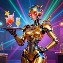 portrait photo of a giant huge golden and blue metal humanoid steampunk cyborg female waitress holding big cocktails with sparlers on a tray and gears and tubes, eyes are glowing red lightbulbs, shiny crisp finish, 3 d render, 8 k, insaneley detailed, fluorescent colors, background is multicolored lasershow