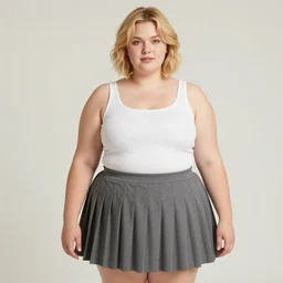 a high resolution photo of a cute, plump, chubby, blond, teenage model with short hair wearing a pleated skirt.