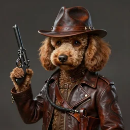 poodle wearing leather fedora hat, leather jacket, leather whip, gun, leather holster, leather bag, concept art, detailed face, fantasy, highly detailed, cinematic lighting, digital art painting by greg rutkowski