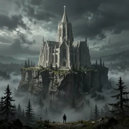 A large brutalist cathedral on the peak of a cliff with a foggy forest below, dark souls screenshot, portal 2 screenshot, digital art, artstationhq, by Jordan Grimmer and Victor Mosquera