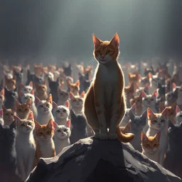 cat standing on a rock in front of a crowd of cats, backlighting, digital art, trending on artstation, fanart
