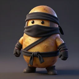 a potato dressed as a ninja. the potato is wearing a ninja costume. character design, digital art, concept art, cinematic lighting