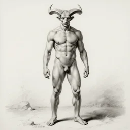 full body grayscale drawing by Gustave Dore and Anato Finnstark of muscled horned humanoid beast, swirling flames