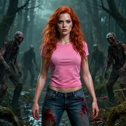 epic portrait cinematic shot an female survivor wearing pink t shirt and bloody jeans, swamp backround, apocalyptic, zombies in the backround, shiny skin, beautiful, flowing red hair, fine details. night setting. realistic shaded lighting poster by craig mullism, artgerm, jeremy lipkin and michael garmash, unreal engine, radiant light, detailed and intricate environment, digital art, trending on art station,
