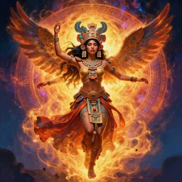 of zoelea ixchel no ra, dancing eagle woman, goddess, mayan, 1 1 1 1, engulfed in funkadelic aura, surreal illustration, alphonse mucha, rhads, ross tran, artstation, artgerm, octane render, 1 6 k