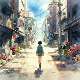 incredible anime movie scene, ultra wide, vanishing point, hoody woman explorer, watercolor, underwater market, empty road, coral reef, billboards, harsh bloom lighting, rim light, abandoned city, paper texture, movie scene, caustic shadows, deserted shinjuku junk town, bright sun ground, wires, telephone pole, pipes, yellow, red, dusty