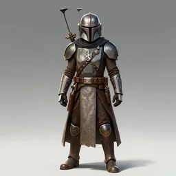 a medieval fantasy mandalorian in the style of expert beautiful digital art by envar studio, detailed and ornate armor, concept art, movie quality, ultra realistic, epic, stunning composition, desert sunrise in the background, unreal engine 5, nvidia