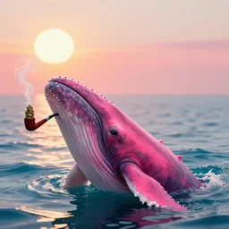 a raspberry colored human-like humpback whale smoking herbs in his long pipe, head sticking out of the water, looking at the sun, highly realistic, uhd,