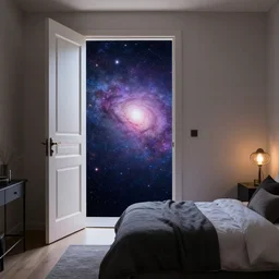 bedroom with a door open and a galaxy outside