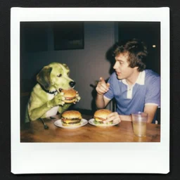 A green dog eating hambugers while talking to his friend john, 1978 polaroid , 35mm
