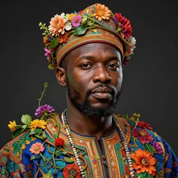 colourful vfx art - portrait of nigerian chief wrapped in flowers & vines, art by utagawa kunisada & james jean, volumetric light, ray tracing, sharp, detailed, digital painting, illustration, highly detailed, intricate detail, unreal engine, octane render, global light, pinterest, behance, art station,