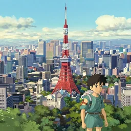 neo tokyo skyline, Details, illustration , in the style of Studio ghibli, tekkon kinkreet, akira, breath of the wild, myazaki, anime, clean render, denoise, rule of thirds