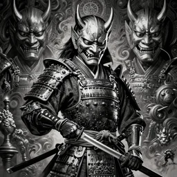 extremely detailed samurai shinigami with a katana by kentaro miura, full frame, volumentric lighting, dark futuristic world, mysticism, intricate, highly ornate dark trim armoury, masterpiece, by gene wolfe, by gustave dore, black and white, highly detailed oni mask by artgerm, oxtane render, 8 k