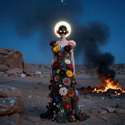 The full body shot of beautiful pale woman with many flowers and full-face black mask with glowing halo, a thick black smoke in rocky desert landscape, blue background, glowing eyes, falling star on the background, burning earth by Christopher Doyle, Gaspar Noe, Tarkovsky, Alejandro Jodorowsky, anamorphic lens, cinematic composition, award winning photo, 8k