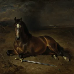 a horse laying on the ground, swords in the bare terrain by velasquez, dark tones, oil painting 4 k