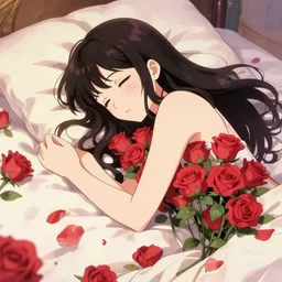 ( final draft ) anime girl resting in a bed of roses.