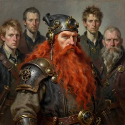 Dwarven merchant with a long red flowing beard with Steampunk accessories, 4k oil on linen by wlop, artgerm, andrei riabovitchev, nuri iyem, james gurney, james jean, greg rutkowski, highly detailed, soft lighting 8k resolution