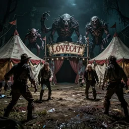 historic photo, epic image of a Lovecraft circus with otherworldly beasts and eldritch hillbillies, tents, circus signs, freak show, distorted, creepy, rotten, miserable, depressing, bleak, stan winston studio, brian froud, John Kenn Mortensen, Ed Roth, beasts, scary, evil, eerie, night, flash photography, wet, photo real, hyper real, beautiful, devestating, uncanny, 8k uhd, highly detailed, candid photo
