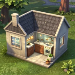 fps screenshot of a small house, a bead, kitchen, bathroom,, overhead view, sims