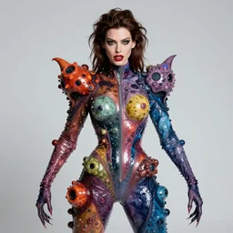 a portrait photograph of a fierce mutated hybrid super villian with slimy skin. she looks like anne hathaway and is showing off a colorful infected bulbous shiny organic catsuit. by donato giancola, hans holbein, walton ford, gaston bussiere, peter mohrbacher and brian froud. 8 k, cgsociety, fashion editorial