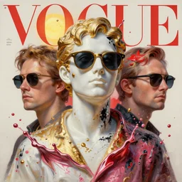 3 d marble statue of fancy model in sunglasses, multiple splashes of golden and red and black paint, liquid white and pink metal, sun, vogue cover style, poster art, high detail, intricate oil painting, multiple exposure, stanley kubrick mood, hyperrealism, 3 d, by tooth wu and wlop and beeple and greg rutkowski