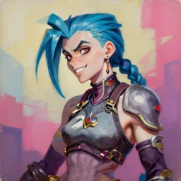 greg manchess portrait painting of partially armored jinx from league of legends as overwatch character, medium shot, asymmetrical, profile picture, organic painting, sunny day, matte painting, bold shapes, hard edges, street art, trending on artstation, by huang guangjian, gil elvgren, ruan jia, greg rutkowski, gaston bussiere