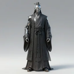 full body portrait of a male daoshi with metallic skin by wlop, wuxia, xianxia, daoshi, taoist priest, taoist master, metallic skin, cyborg, daopao, taoist robe, noragi, solemn, wise, middle - aged, detailed, realistic, anatomically accurate, fantasy illustration, artstation, wlop, hi - res, 4 k.