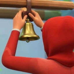 a person wearing a red hood, ringing a brass bell in sims 4 screenshot