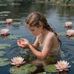 A girl bathes in a lake where water lilies are floating, art by moebius, High definition, detailed,