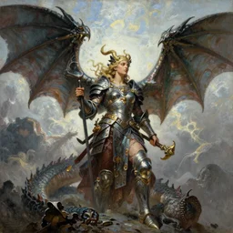 A beautiful oil painting of a dragon, by Lucas Graciano, Frank Frazetta, Greg Rutkowski, Boris Vallejo, epic fantasy character art, goddess of war, fantasy armor, Exquisite detail, post-processing, low angle, masterpiece, cinematic