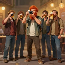 full - body portrait of bearded ginger man taking photos of beer, by donato giancola, craig mullins, jeremy mann, face details, extremely detailed, bokeh, photorealistic, reflections, digital illustration