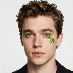 a close - up portrait photo of pete davidson frog fly by erwin olaf, make - up art and styling by takahashi murakami
