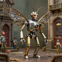 full - length portrait of a tin toy flying mothman demon robot, nicoletta ceccoli, mark ryden, lostfish, max fleischer, depth of field, detailed and intricate old london environment, 8 k resolution, hyperrealistic, octane render