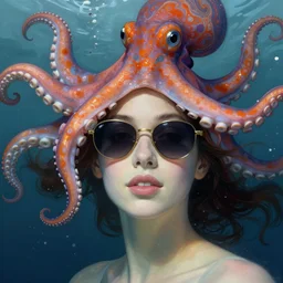 close up of a beautiful woman underwater wearing sunglasses and a colourful octopus as a hat, fantasy, intricate, elegant, highly detailed, digital painting, artstation, concept art, smooth, 8 k, sharp focus, illustration, art by artgerm and greg rutkowski and alphonse mucha