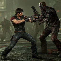 video game still of larry david as leon fighting off a zombie in the video game resident evil 2,