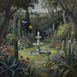 a gorgeous, fantastic, magic garden landscape by michael kidd, escher, thomas kincade, trending on artstation, artgerm, acrylic on canvas,!! muted colors!!,!! low contrast!!