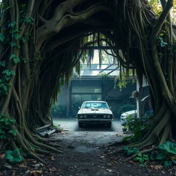 beautiful abaondoned garage with overgrown vines roots, post apocolypse sharp focus greg rutkowski, lisa frank
