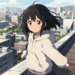 anime visual portrait of a young black haired girl cute face wearing hoodie sightseeing above the urban city school rooftop sunny day dramatic lighting dynamic perspective and posing drawn by ishida sui style