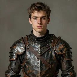 portrait painting of a young man wearing a worn, old, cheap, leather gambeson, sharp focus, award - winning, trending on artstation, masterpiece, highly detailed, intricate. art by rebecca guay