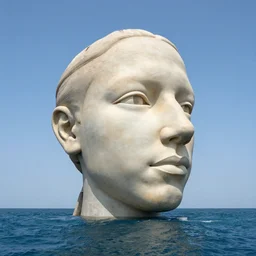 a giant sculpture in the ocean of a human head, hyper - realistic, very detailed, realistic water, ray tracing, 8 k resolution, long - shot, sharp focus, low angle, 8 5 mm photograph, wide lens