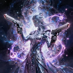 A sorcerer wielding two Glock pistols, surrealism, smooth, intricate, elegant, galactic energy, power aura, neon glowing spells, digital painting, artstation, concept art, high tech fantasy, sharp focus, illustration, art by Jason Chan and Riot Studios and Blizzard Studios