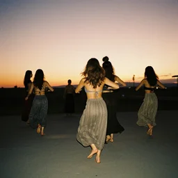 dancing women in the evening, seen from back, sunset, canon eos 1 0 0 0 d, ƒ / 3. 5, focal length : 1 8. 0 mm, exposure time : 1 / 5, iso 4 0 0, flash on.