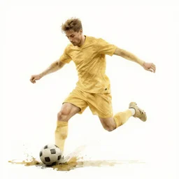 beautiful serene foorball player, healing through motion, life, minimalistic golden and ink airbrush painting on white background