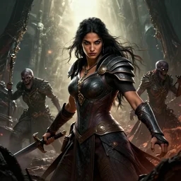 jaina proudmoore fighting the undead, portrait shot, epic cinematic hyperrealism masterpiece. realistic poster with shaded lighting by craig mallismo, artgerm, jeremy lipkin and michael garmash, unreal engine, radiant light, detailed and complex environment, digital art, art station trends