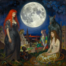 dramatic lighting colorful surrealist symbolist oil painting titled'now we will all be sisters of the fossil blood of the moon ', magical realism symbolist, ruined city landscape with hybrid animal figures, painted by arnold bocklin and odilon redon and max ernst, shocking detail trending on artstation 8 k