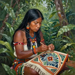 a beautiful painting of an indigenous female doing crafting of a beautiful fabric in the jungle, realistic face and body, ayahuasca, trending on deviant art