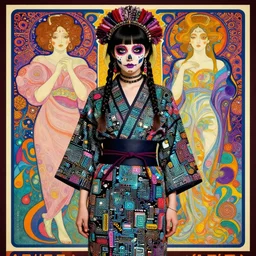 cute punk goth fashion hippy fractal Día de los Muertos android girl wearing kimono made of circits posing by Zhang Jingna, psychedelic poster art of by Victor Moscoso Rick Griffin Alphonse Mucha Gustav Klimt Ayami Kojima Amano Charlie Bowater, masterpiece