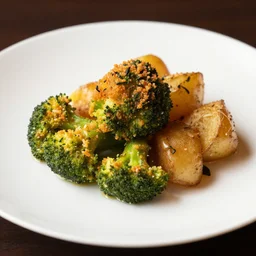 deep fried broccoli, side of potatoes, food photography, award winning, michelin star restaurant