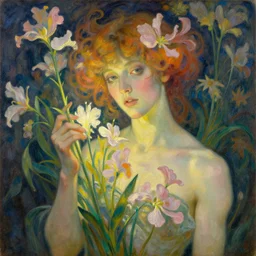 androgynous deity of light and flowers. this oil painting by the beloved art noveau painter has interesting color contrasts, plenty of details and impeccable lighting.