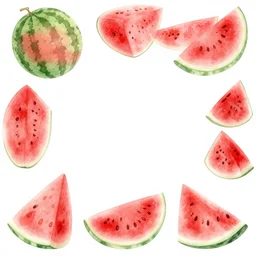 watercolor art scattered watermelons on blank all white background, illustration, vector art